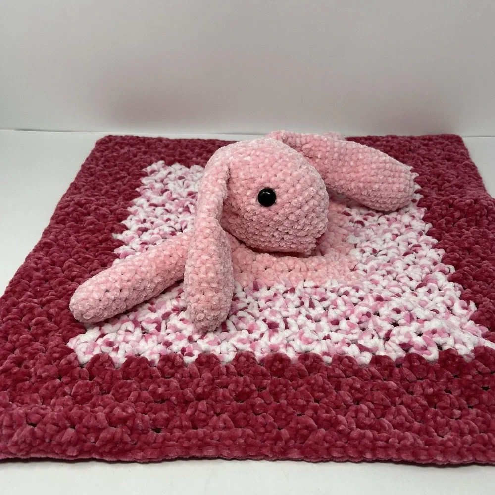 Handmade Crochet Bunny Lovey 20in Pink Security Blanket Plush Soft Toy